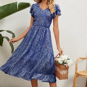 V-neck shrink pleated printed chiffon patchwork waist dress